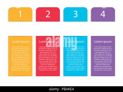 Vettore verticale moderno colorato modello infografico con quattro strisce e quattro opzioni o passi, isolato su sfondo bianco con ombre Illustrazione Vettoriale