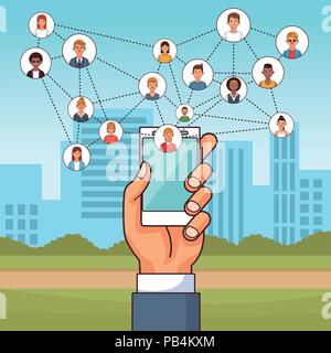 Mani utilizza lo smartphone per collegare le persone illustrazione vettoriale graphic design Illustrazione Vettoriale