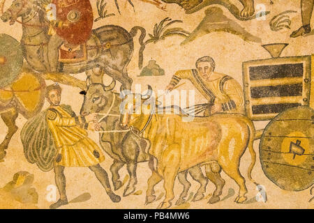 Sicilia Italia Piazza Amerina Villa Romana del Casale Villa Romana del patrimonio mondiale Unesco 3rd/iv secolo mosaici pavimentali ambulacro della grande caccia Foto Stock