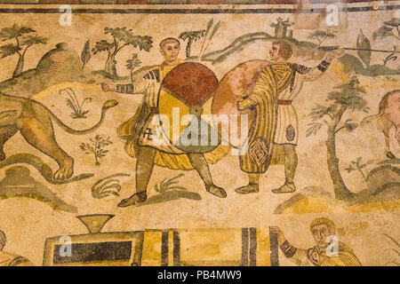 Sicilia Italia Piazza Amerina Villa Romana del Casale Villa Romana del patrimonio mondiale Unesco 3rd/iv secolo mosaici pavimentali ambulacro della grande caccia Foto Stock