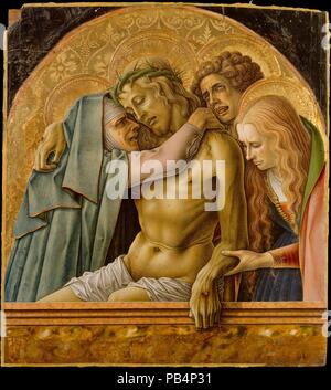 Pietà. Artista: Carlo Crivelli (italiano, Venezia (?), attivo dal 1457-morto 1495 Ascoli Piceno). Dimensioni: complessivamente 28 1/4 x 25 3/8 in. (71,8 x 64,5 cm); superficie dipinta 28 x 25 1/8 in. (71,1 x 63,8 cm). Data: 1476. Notevole per la sua intensità espressiva, questa immagine della Pietà apparteneva a una complessa pala d altare gotico ampiamente considerato Crivelli capolavoro (National Gallery di Londra). Crivelli contrasta gli effetti ornamentali con dettagli di realismo estremo (o il surrealismo)--come la mano a gonfie avvolto e pronunciato vene che sovrasta la tomba di bordo nel visualizzatore di spazio. In s Foto Stock