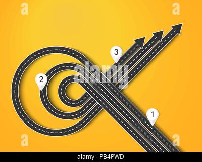 Tratto di strada percorso modello infografico con una struttura graduale. Strada tortuosa in forma di frecce. EPS vettoriali 10 Illustrazione Vettoriale