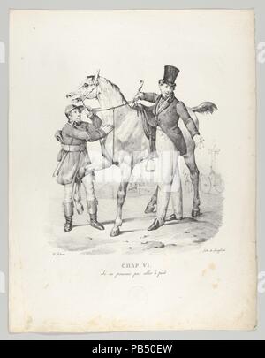 Cap. VI: Je ne pouvais pas aller à pied (non ho più a piedi ovunque). Artista: Victor Adam (Francese, 1801-1866). Dimensioni: 14 1/4 × 10 1/16 in. (36,2 × 25,5 cm). Litografo: Langlumé (francese, attivo 1819-30). Editore: Sazerac e Duval Street , Parigi. Serie/Portfolio: Nazioni Unite un de la vie d'onu jeune homme (un anno nella vita di un giovane uomo). Data: 1824. Museo: Metropolitan Museum of Art di New York, Stati Uniti d'America. Foto Stock