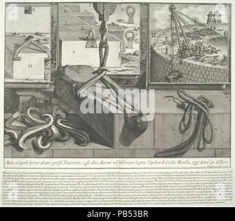 Mezzi mediante i quali i grandi blocchi di travertino e marmo sono stati sollevati durante la costruzione della grande tomba di Caecilia Metella, da Le antichità romane (antichità romane), tomo 3, la tavola 53. Artista: Giovanni Battista Piranesi (italiano, Mogliano Veneto Roma 1720-1778); Angelo Rotili. Dimensioni: foglio: 21 1/4 x 30 5/16 in. (54 x 77 cm): piastra 18 1/8 x 20 7/8 in. (46 x 53 cm). Serie/Portfolio: Le antichità romane, tomo 3. Data: pubblicato 1756-57. Mentre Piranesi era al lavoro sull'Antichità Romane, il risultato di anni di ricerca nel campo dell'altamente sviluppato competenze di ingegneria dei Romani Foto Stock