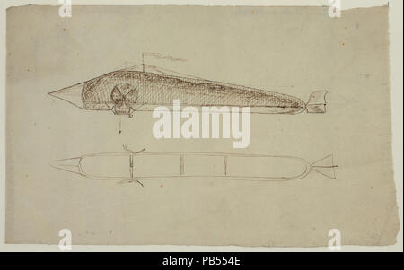 1782 due viste di un dirigibile conformata come un lungo tubo con un naso appuntito, eliche sul lato e di un timone, che assomiglia a un 1850 disegno proposto da Pierre Jullien, un orologio francese maker da Villejuif, LCCN2002735674 Foto Stock