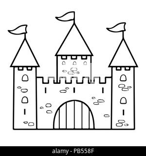 Castello cartoon disegno lineare, colorazione, contorno, contorno, semplice schizzo, in bianco e nero illustrazione vettoriale. Palazzo disegnato con tre torri con gat Illustrazione Vettoriale