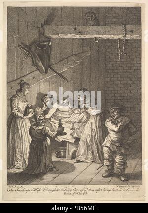 Il Locandiere la moglie e la figlia di prendersi cura di voi Don dopo essere stato picchiato e ferito (sei illustrazioni per Don Chisciotte). Artista: William Hogarth (British, Londra Londra 1697-1764). Autore: illustrazione di Miguel de Cervantes Saavedra (spagnolo, Alcalá 1547-1616 Madrid). Dimensioni: foglio: 9 15/16 x 7 3/16 in. (25,2 x 18,3 cm). Data: 1756 o dopo. Museo: Metropolitan Museum of Art di New York, Stati Uniti d'America. Foto Stock