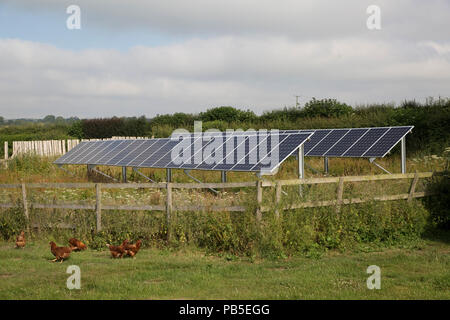 Fila di Solar PV photovolataic pannelli montati nel campo Scotch Corner REGNO UNITO Foto Stock