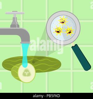Il cetriolo contaminato con il cartoon microbi essendo pulito e lavato in una cucina. Microrganismi, virus e batteri nel vegetale ingrandita di un m Illustrazione Vettoriale