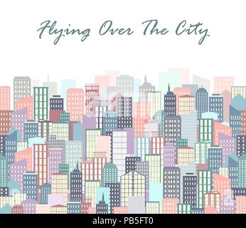 Panorama della città illustrazione vettoriale. Urban Skyline. Sfondo con edifici in stile appartamento. Città poster o banner Illustrazione Vettoriale