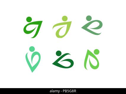 Persone verde lascia il logo, set di naturale foglia verde persone lettere logo ecologici, natura persone lascia la lettera e simbolo icona disegno vettoriale Illustrazione Vettoriale