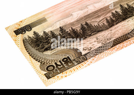 50 La Corea del Nord ha vinto banca nota. La Corea del Nord ha vinto è la valuta nazionale della Corea del Nord Foto Stock