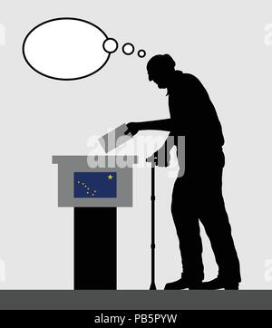 Alaska elettore uomo vecchio voto per elezione in Alaska con bolle di pensiero. Tutti gli oggetti di silhouette e gli sfondi sono in diversi strati. Illustrazione Vettoriale