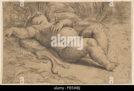 Amorino dormiente. Artista: Parmigianino (Girolamo Francesco Maria Mazzola) (italiano, Parma 1503-1540 Casalmaggiore). Dimensioni: foglio: 2 3/4 x 4 5/16 in. (7 x 10,9 cm). Data: XVI secolo. Museo: Metropolitan Museum of Art di New York, Stati Uniti d'America. Foto Stock