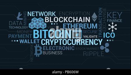 Cryptocurrencies, blockchain e bitcoin tag cloud con i concetti e le icone Illustrazione Vettoriale