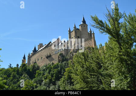 Castello Alcazar visto dal fiume che scorre attraverso la valle che regna in Segovia leggermente catturati da un boschetto. Architettura, Viaggi, storia Foto Stock