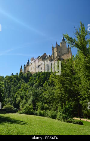 Castello Alcazar visto dal fiume che scorre attraverso la valle che regna in Segovia leggermente catturato da un piccolo boschetto prezioso con fasci di luce ho Foto Stock