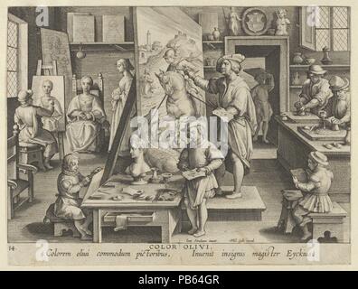 Le nuove invenzioni dei tempi moderni [Nova Reperta], l'invenzione della pittura ad olio, la piastra 14. Artista: Jan Collaert I (Netherlandish, Antwerp ca. 1530-1581 Anversa); dopo Jan van der Straet, chiamato Stradanus (Netherlandish, Bruges 1523-1605 Firenze). Dimensioni: foglio: 10 5/8 x 7 7/8 in. (27 x 20 cm). Editore: Philips Galle (Netherlandish, Haarlem 1537-1612 Anversa). Data: ca. 1600. Quattordicesima piastra da una stampa serie intitolata Nova Reperta (nuove invenzioni dei tempi moderni) costituito da un titolo di pagina e di 19 piastre, incisa da Jan Collaert I, dopo Jan van der Straet, chiamato Stradanus, e publis Foto Stock