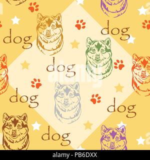 Vettore colorati seamless pattern con stelle, zampe e ritratto decorativo di cane Shiba Inu, su sfondo giallo Illustrazione Vettoriale