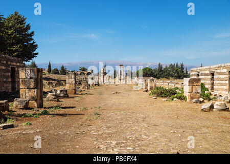 Umayyad rovine della città di Anjar con montagne, Bekaa valley, Libano Foto Stock