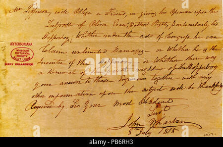 910 lettera firmata Giovanni Wharton di Thomas Jefferson, Luglio 8, 1818 Foto Stock