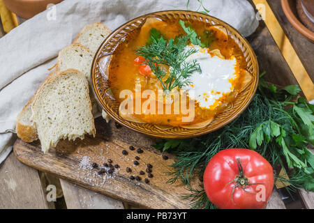 Tradizionale russo sour zuppa di cavolo (shchi) con panna acida e erbe su una tavola di legno con pane, pepe e prezzemolo Foto Stock
