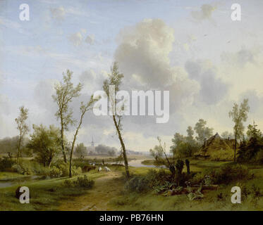 Kluyver Pieter Lodewijk - un ampio Paesaggio con pastore e gregge accanto a un fiume di avvolgimento Foto Stock