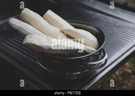 Manioca (Manihot esculenta) (spagnolo: "mandioca", Guarani: mandi'o), radici spellate nel recipiente, sul dissipatore di lavaggio, all'aperto, Asunción, Paraguay. Vintage tonica Foto Stock