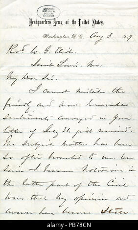 914 lettera firmata W.T. Sherman, sede esercito degli Stati Uniti di Washington, D.C., per W.G. Eliot, Saint Louis, Missouri, 3 Agosto 1879 Foto Stock