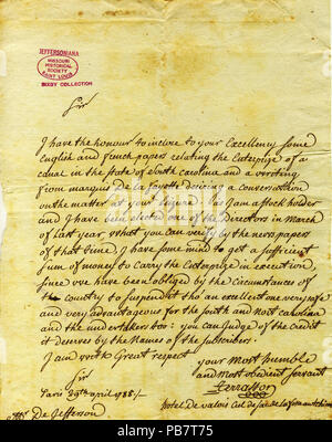 905 lettera firmata Antoine Terrasson, Parigi, di Thomas Jefferson, 29 aprile 1788 Foto Stock