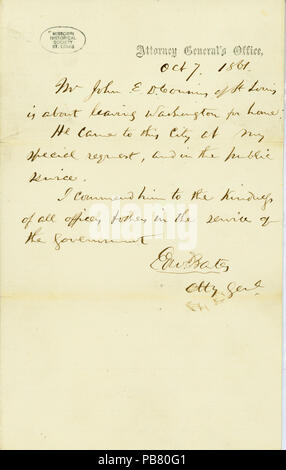 Nota firmato Edward Bates, la procura generale, 7 ottobre 1861. Famiglia Couzins Papers, Missouri History Museum archivi, St. Louis. 1119 Nota firmata Edward Bates, la procura generale, 7 ottobre 1861 Foto Stock