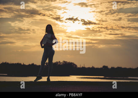 Silhouette di giovane donna guardando il tramonto sul mare. Una natura mozzafiato sullo sfondo. Tonica foto con copia spazio. Foto Stock