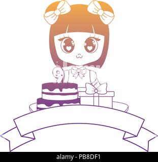 Emblema con kawaii ragazza con compleanno icone correlate su sfondo bianco, illustrazione vettoriale Illustrazione Vettoriale