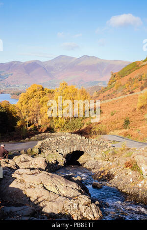 Ponte Ashness e flusso con alberi in autunno Skiddaw al di là della montagna nel Parco Nazionale del Distretto dei Laghi. Keswick Cumbria Inghilterra England Regno Unito Foto Stock