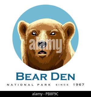 Orso selvatico emblema della testa con una formulazione Bear Den/ illustrazione vettoriale. Illustrazione Vettoriale