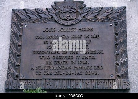 Lapide (in inglese) su Louis Joliet's home, Quebec City, in Canada. Fotografia Foto Stock