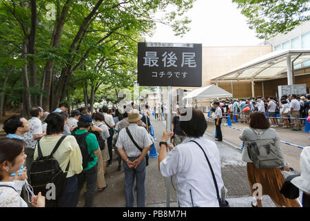 Tokyo, Giappone. 27 Luglio, 2018. Linea di visitatori fino al di fuori di Ueno Royal Museum per vedere ''Il miracolo di M.C. Escher stampe dal Museo di Israele, Gerusalemme'' mostra sulla luglio 27, 2018, Tokyo, Giappone. La mostra presenta una selezione di centocinquanta opere (selezionato dal Museo di Israele) olandese di artista grafico Maurits Cornelis Escher a Ueno Royal Museum fino a luglio 29. (Foto di Rodrigo Reyes Marin/AFLO) Credito: Aflo Co. Ltd./Alamy Live News Foto Stock