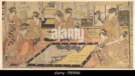 Una immagine votiva per essere donati al di Kannon Asakusa (Tempio di Asakusa Kannon kakegaku ho nessun zu), da Takigawa del Ogiya, Kamuro Menami e Onami, con Tomikawa, Kumegawa, Tamagawa, Tsugawa, Utagawa e Kiyokawa. Artista: Kitagawa Kikumaro (giapponese, morto 1830). Cultura: il Giappone. Dimensioni: complessivo: H. 14 3/4 in. (37,5 cm); W. 23 3/4 in. (60. 3 cm). Data: ca. 1800. Takigawa di alta classifica cortigiana (oiran) dell'Ogiya bordello, non era solo una bellezza famoso ma un abile pittore e calligrafo. Questa stampa mostra Takigawa come si prepara un immagine votiva (EMA) come un nuovo anno di offrire fo Foto Stock
