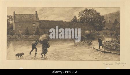 Un giorno di pioggia a Cookham. Artista: dopo Frederick Walker (British, Londra 1840-1875 Perthshire Scozia); Ernest Timbro (British, Sowerby, Yorkshire 1869-1942 Shoreham-da-mare). Dimensioni: Piastra: 5 7/8 × 10 11/16 in. (14,9 × 27,1 cm) foglio: 8 9/16 × 13 3/4 in. (21,7 × 35 cm). Editore: Seeley & Co. (Londra). Data: 1894. Una donna, boy e cane fretta attraverso un acquazzone in Berkshire villaggio di Cookham, con le case che costeggiano la strada e un cavallo e il carrello si avvicinano. La composizione deriva da un acquerello di ca. 1871 (Victoria and Albert Museum), e una copia della stampa è stato mostrato al Royal Foto Stock