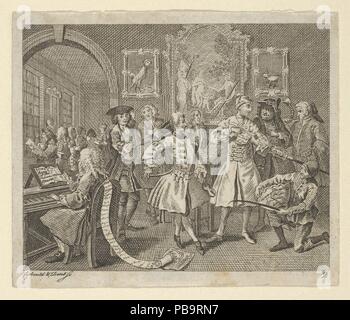 Un Rake's Progress, la piastra 2. Artista: Dopo William Hogarth (British, Londra Londra 1697-1764). Dimensioni: foglio: 2 11/16 x 3 1/4 in. (6,8 x 8,2 cm). Incisore: Dent (British, active ca. 1800); Richard Corbould (British, Londra Londra 1757-1831). Data: ca. 1800. Museo: Metropolitan Museum of Art di New York, Stati Uniti d'America. Foto Stock