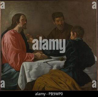 La cena di Emmaus. Artista: Velázquez (Diego Rodríguez de Silva y Velázquez) (Spagnolo, Siviglia 1599-1660 Madrid). Dimensioni: 48 1/2 x 52 1/4 in. (123.2 x 132.7 cm.). Data: 1622-23. La foto potrebbe essere stata dipinta di Siviglia dove Velázquez è stato addestrato o a Madrid, dove si trasferì nel 1623. Il realismo delle figure, la forte luce drammatica, e l'attenzione a still-life dettagli ricordare l opera di Caravaggio, che Velázquez avrebbe conosciuto a Siviglia attraverso copie. Cristo è rappresentato nel momento in cui è riconosciuta da due discepoli dopo la sua risurrezione, come "egli prese il pane, Foto Stock