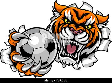 Tiger tenendo palla calcio sfondo di rottura Illustrazione Vettoriale