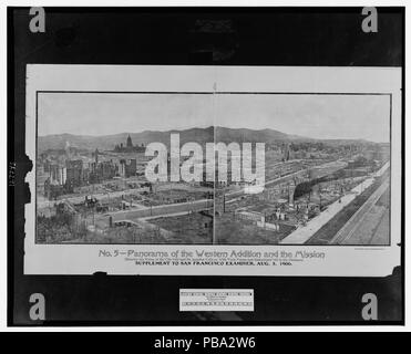 1110 n. 5, Panorama della western aggiunta e la missione, che mostra le rovine del Municipio e San Ignazio di Loyola College, con Twin Peaks e Strawberry Hill in distanza. Supplemento per San Francisco LCCN2007660706 Foto Stock