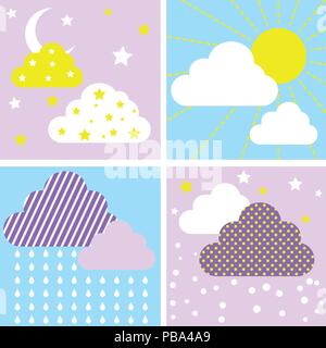 Illustrazione del cielo con il Cloud, Luna Sole e stelle design piatto- illustrazione vettoriale. Illustrazione Vettoriale