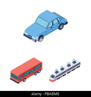 Diversi tipi di trasporto cartoon icone nella raccolta di set per il design. Auto e nave isometrica simbolo vettore illustrazione stock. Illustrazione Vettoriale