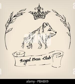 Vintage orso di inchiostro con la corona, scorrere e rametti. Illustrazione Vettoriale Illustrazione Vettoriale