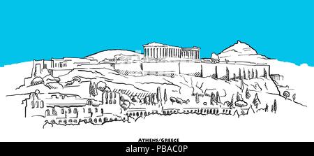 Acropoli di Atene landmark banner con cielo blu. Disegnate a mano disegno vettoriale. Illustrazione Vettoriale