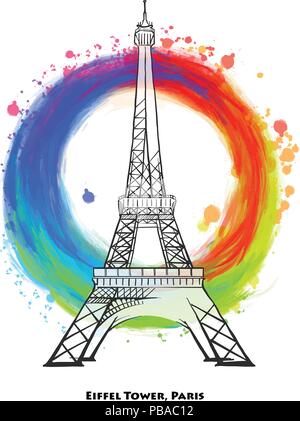 Parigi Torre Eiffel disegno. Disegnate a mano vecor sketch con sfondo colorato spruzzi. Punto di riferimento di viaggio Illustrazione Vettoriale