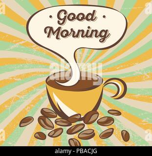 Caffè Retrò concetto di banner. Poster pubblicitario con caratteri: buongiorno Illustrazione Vettoriale