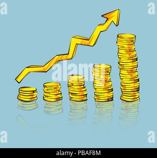 Monete di pile con la riflessione, aumentando la freccia rétro in stile cartone animato. Golden denaro illustrazione vettoriale. Il successo aziendale, crediti bancari, deposito, inv Illustrazione Vettoriale